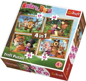 Puzzle 4v1 Máša a Medveď Lesné Dobrodružstvo v krabici 28x28x6cm