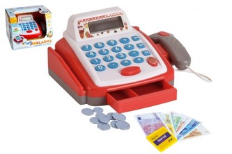 Pokladňa malá digitálny plast 18cm s doplnkami na batérie so zvukom so svetlom v krabici 22x15x18cm