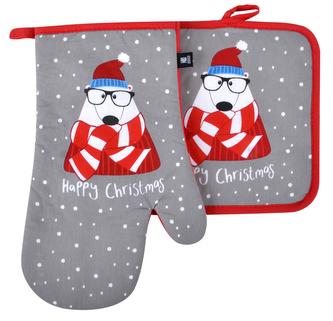 Kuchyňský set rukavice/chňapka SNOW FUN, šedá, MEDVĚD 18x30 cm/20X20 cm ESSEX