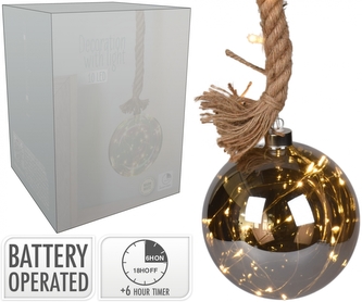 LED skleněná dekorace - koule 12 cm kouřová lesklá