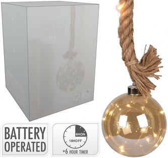 LED skleněná dekorace - koule 12 cm jantarová