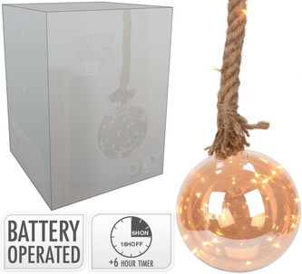 LED skleněná dekorace - koule 15 cm jantarová