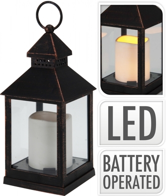 Dekorativní lucerna černá měděná patina s LED svíčkou 23,5x10x10 cm