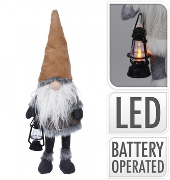 Skřítek s LED lucerničkou a svítícím nosem 51 cm, světle hnědý