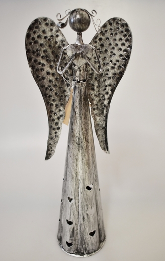 Plechový anděl Hearts svícen, stříbrný s patinou 38,5 cm II. jakost