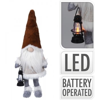 Skřítek s LED lucerničkou a svítícím nosem 51 cm, tmavě hnědý