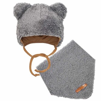 Zimní kojenecká čepička s šátkem na krk New Baby Teddy bear šedá - velikost 80 (9-12m)