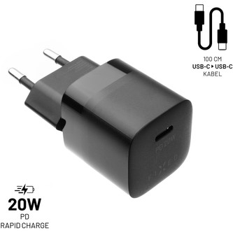 FIXED Mini nabíječka s USB-C výstupem a kabelem USB-C 1 metr PD 20W černý