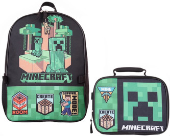 Set školní batoh Minecraft se svačinovým boxem: Create (objem 12 litrů|29 x 41 x 10 cm) černý - zelený polyester