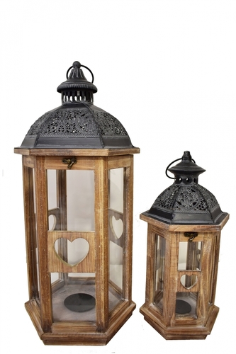 Dřevěná lucerna srdce s/2