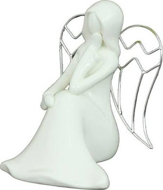 Anděl, porcelánová dekorace, bílá lesklá glazura, kovová křídla AND185 Art