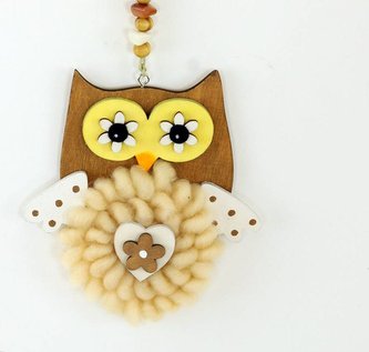 Sova  s plyšem a kamínky, dřevěná dekorace na zavěšení. MO809881 Art