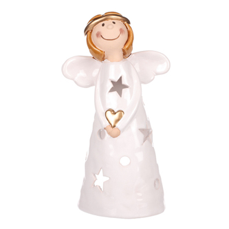 Anděl bílý držící srdce - svícen na čajovou svíčku, keramika