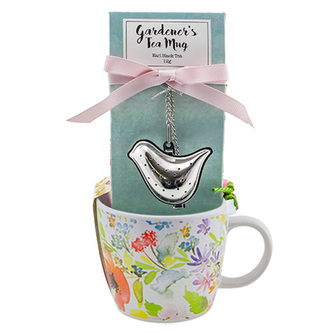 Dárková sada, Černý čaj 12 g, keramický hrnek s květinami 320 ml, sítko