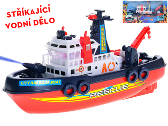 Požiarny čln 24cm na batérie plávajúce so striekajúcim vodným delom v krabičke