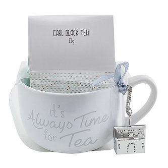 Dárková sada, Černý čaj 12 g, bílý keramický hrnek s nápisem 500 ml, sítko
