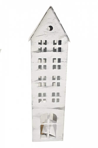 Kovový domeček na čajovou svíčku, bílý s patinou, 30x8,5x6 cm II. jakost
