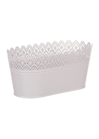 Truhlík kovový, krajkový okraj, šedivá barva.