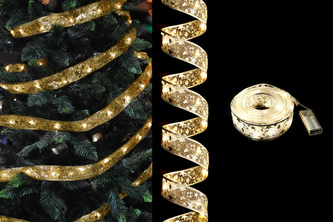 Vánoční stuha s LED světýlky 500cm 50LED - Zlatá stuha/teplá bílá