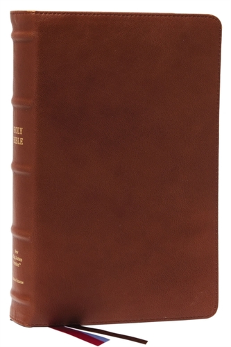 NKJV, End-of-Verse Reference Bible, Personal Size Large Print, Premium Goatskin Leather, Brown, Premier Collection, Red