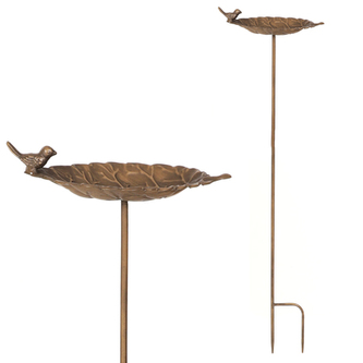 Zápich kovový - zahradní dekorace, list s ptáčkem.