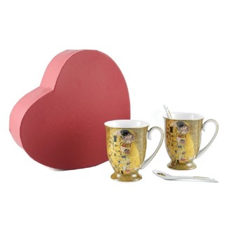 HOME ELEMENTS Sada dvou šálků 280 ml se lžičkami, Klimt, Polibek zlatý