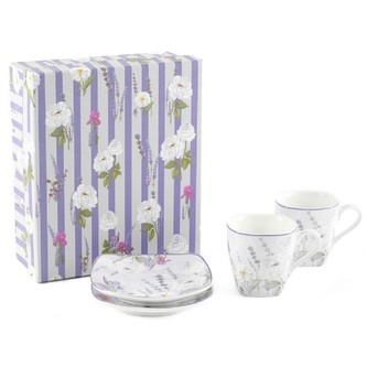 HOME ELEMENTS Šapo sada espresso 90 ml, dva šálky se lžičkami, Levandule