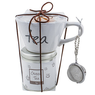 Dárková sada, Zelený čaj 5 g, bílý keramický hrnek s nápisem 200 ml, sušenka 7 g, sítko