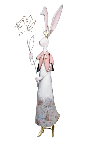 Kovový zajíc s květinou 78x27x10,5 cm