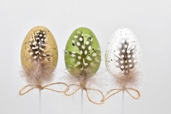 Vajíčko zápich kropenaté s peříčkem 6 cm, sada 6 ks