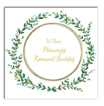 Karnet KW Komunia. Wianek z liśćmi