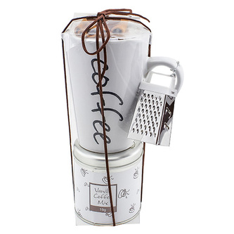 Dárková sada, Vanilková káva 19 g, bílý keramický hrnek s nápisem, 300 ml, skořice 12 g, struhadlo