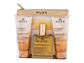NUXE Huile Prodigieuse suchý olej Huile Prodigieuse 100 ml + sprchový olej Prodigieux 100 ml + tělové mléko Prodigieux 100 ml + kosmetická taštička