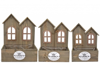 Dřevěný květináč domeček sada 3 ks, hnědý