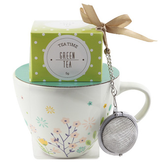 Dárková sada, Zelený čaj 5 g, bílý hrnek s motivem květin 300 ml, sítko