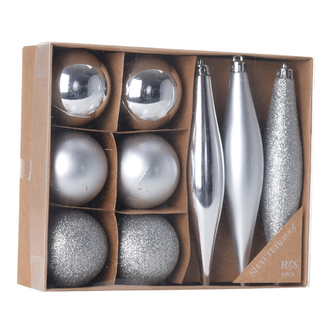 Vánoční ozdoby - PP stříbrné - různé tvary 4-14 cm, sada 9ks