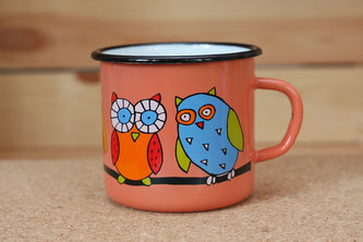 Smaltovaný hrnček 8cm - koralová / marhuľová - sova
