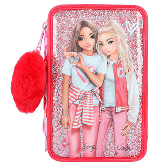 Penál 3 patra s výbavou Top Model, Růžový, se vzorem srdcí a flitry, Fergie + Candy
