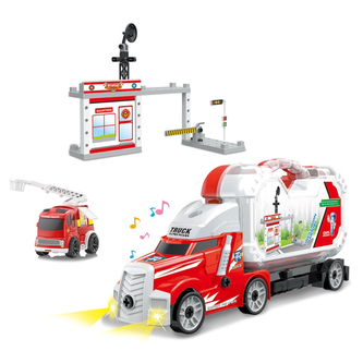 Šroubovací auto s kufrem a hasičskou stanicí se zvukem a světlem