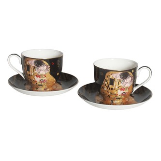 HOME ELEMENTS Hrnek 270 ml, s podšálkem, Klimt, Polibek tmavý, sada 2+2