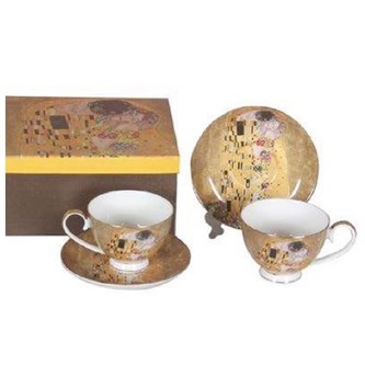 HOME ELEMENTS Šálek s podšálkem 2 x 250 ml, Klimt, Polibek zlatý