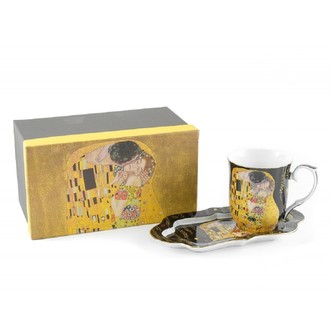 HOME ELEMENTS Hrnek 360 ml, s podtáckem, Klimt, Polibek tmavý