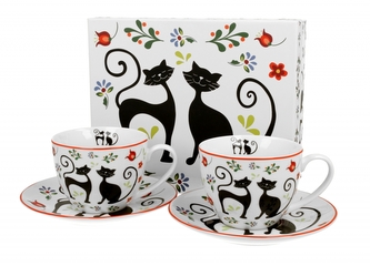 Porcelánový hrnek s podtalířkem Etno cats 280 ml, sada 2 ks v dárkové krabičce