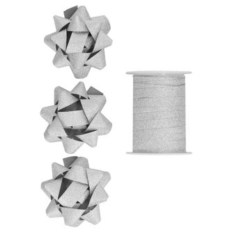 Balicí sada-3 rozety,stuha š.1cm,délka 10m,stříbr.