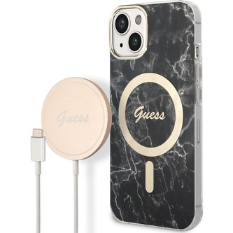 Guess Marble MagSafe kryt + Bezdrátová nabíječka pro iPhone 14 černá