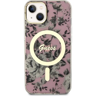 Guess PC/TPU Flowers IML MagSafe kryt iPhone 14 růžový