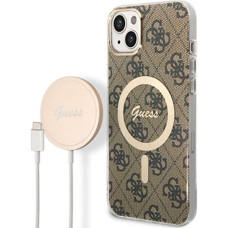 Guess 4G MagSafe kryt + Bezdrátová nabíječka pro iPhone 14 Plus hnědá