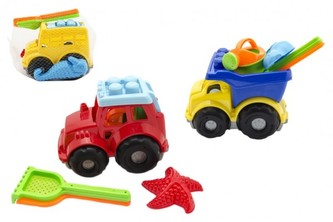 Auto na písek s doplňky plast 23cm 3 druhy v síťce