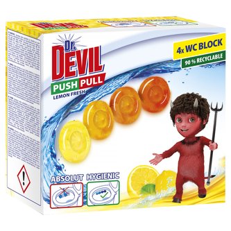 Dr. DEVIL PUSH PULL bezkošíkové hygienické wc bloky Lemon Fresh 4x20g Dr. DEVIL PUSH PULL bezkošíkové hygienické wc bloky Lemon Fresh 4x20g