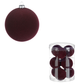 Vánoční plastové koule, sametové, bordó barva. Cena za 1box/9ks.